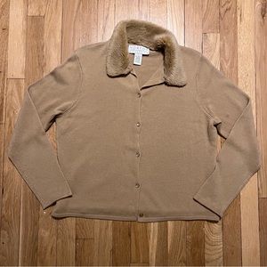 Vintage Norton McNaughton Tan Fur Collar Long Sleeve Womens Cardigan Large
